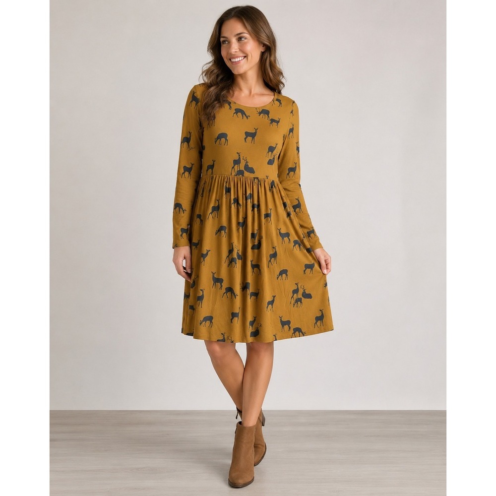 Boden Women's 10 Deer Print Dress Mustard Brown Navy Long Sleeve Fit & Flare